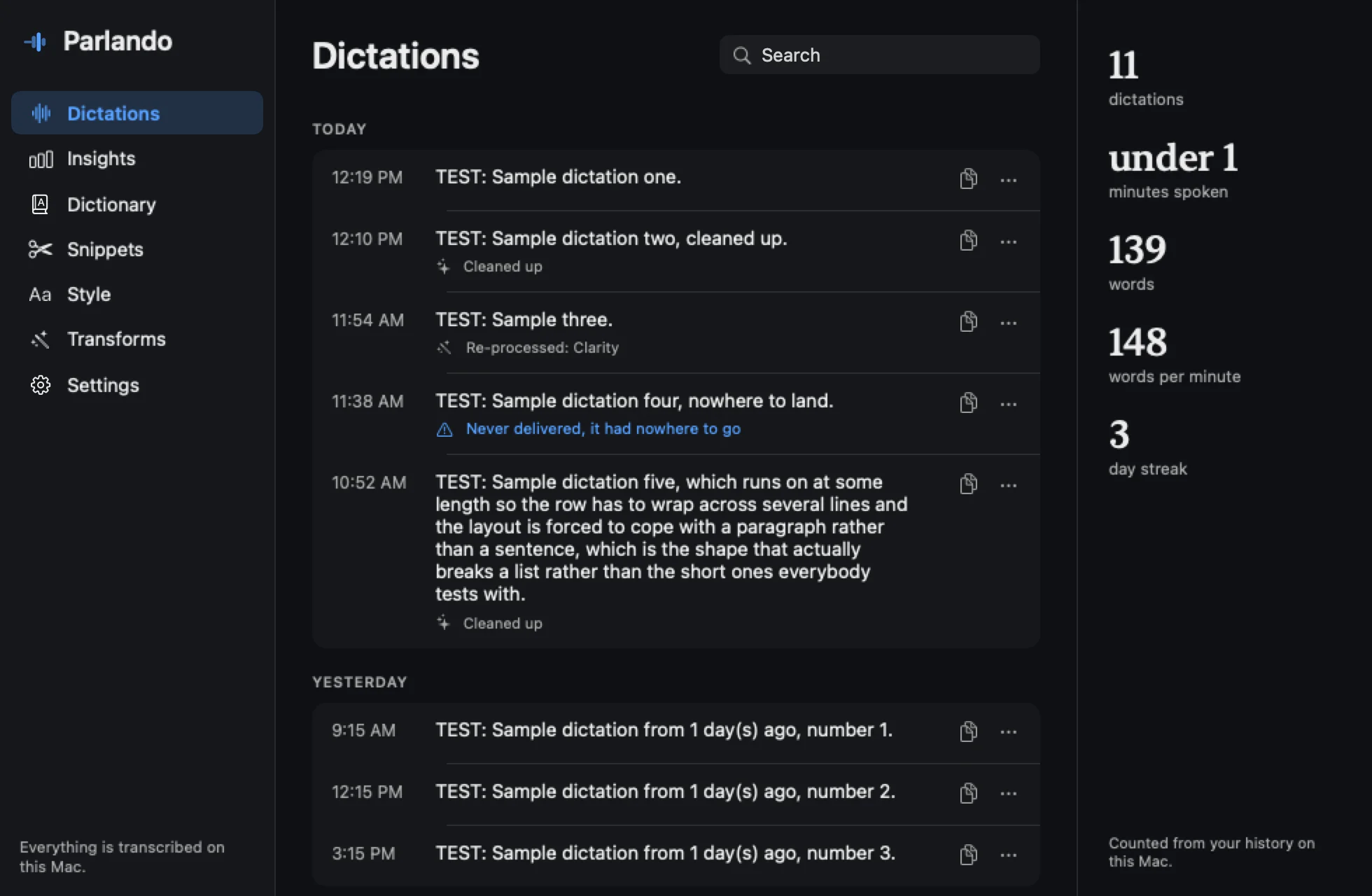 The Parlando Dictations pane in dark mode with labeled sample rows.
