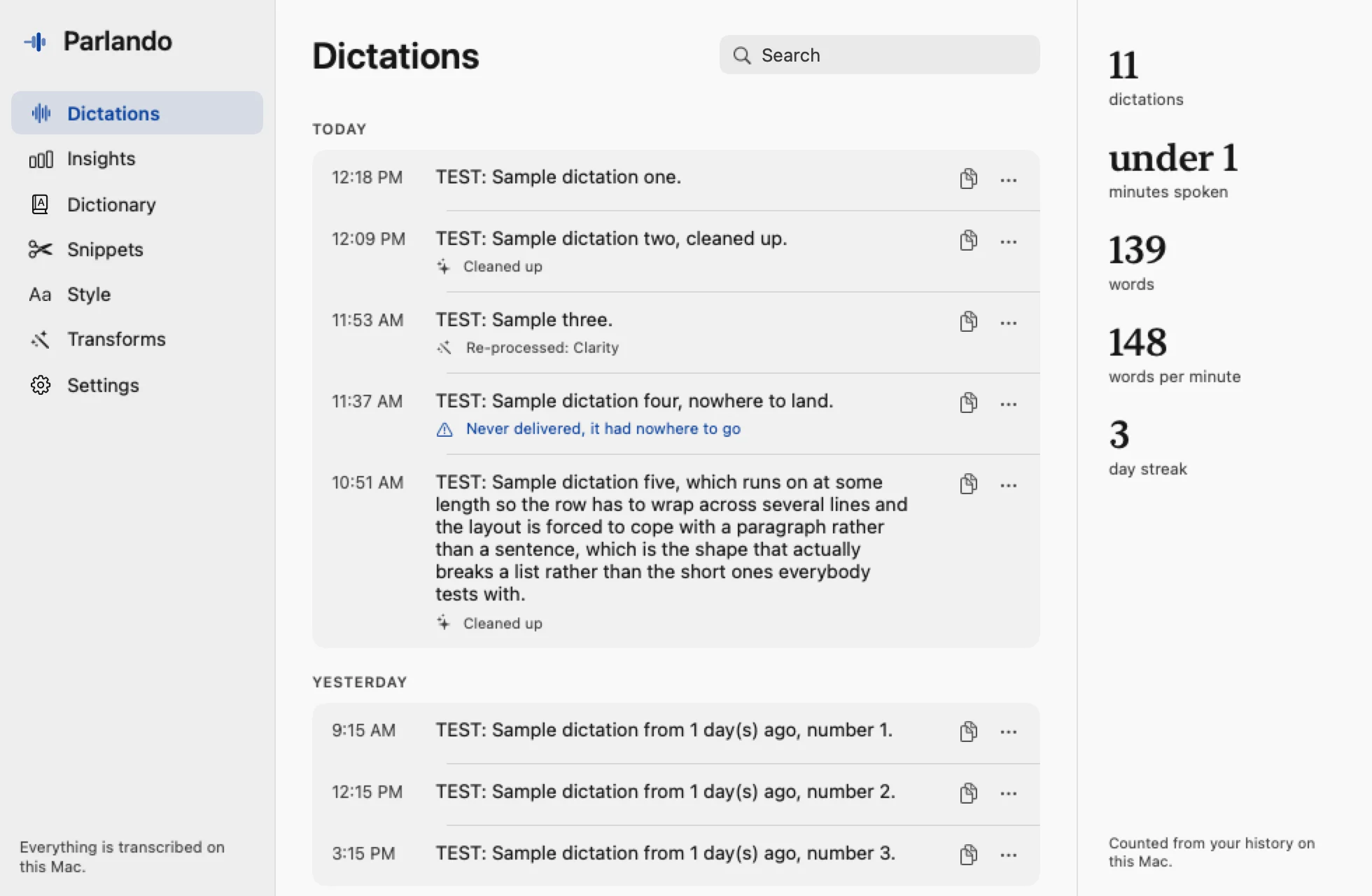 The Parlando Dictations pane with labeled sample rows: dictations grouped by day with times, Cleaned up and Re-processed badges, one marked Never delivered, it had nowhere to go, and totals beside them.