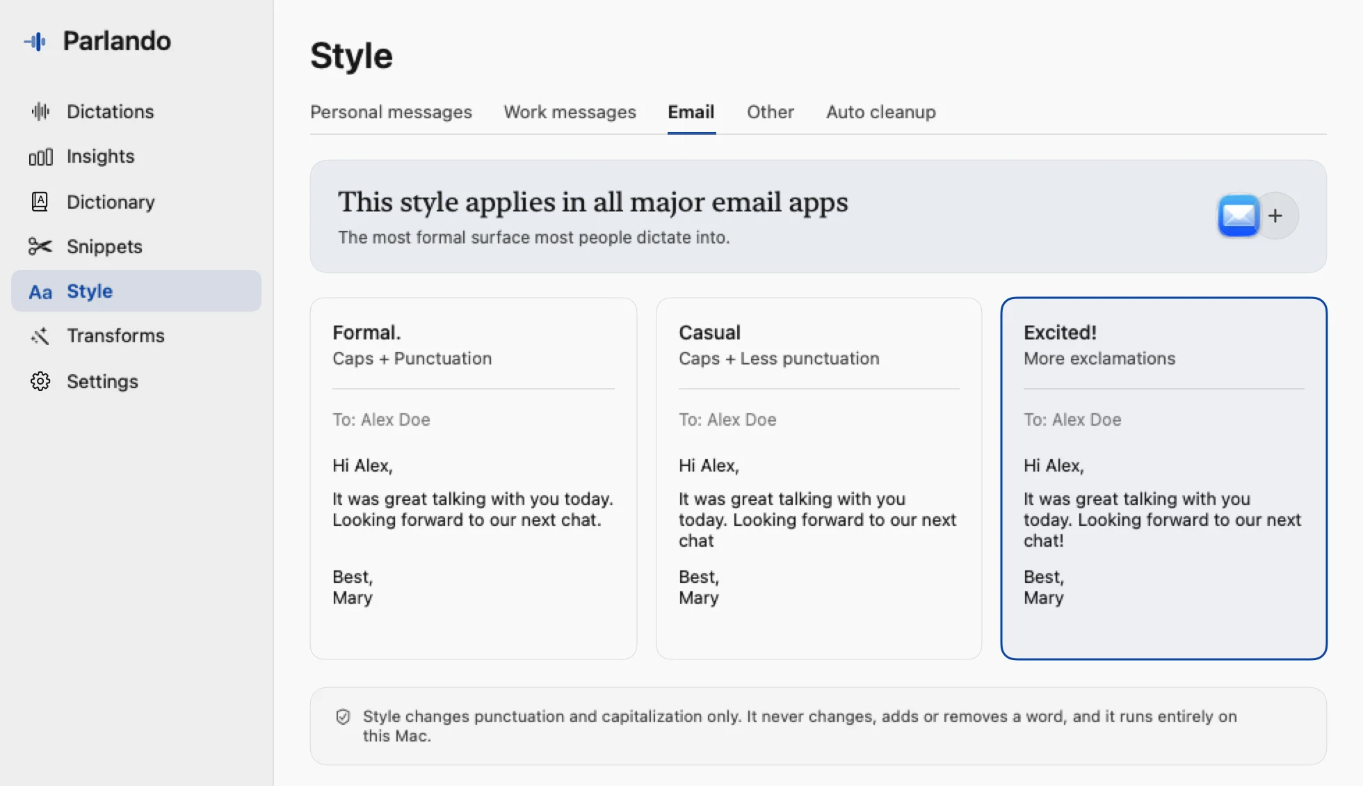 The Parlando Style pane on the Email tab: three cards show the same short email in Formal, Casual and Excited tones, with a note that Style changes punctuation and capitalization only.